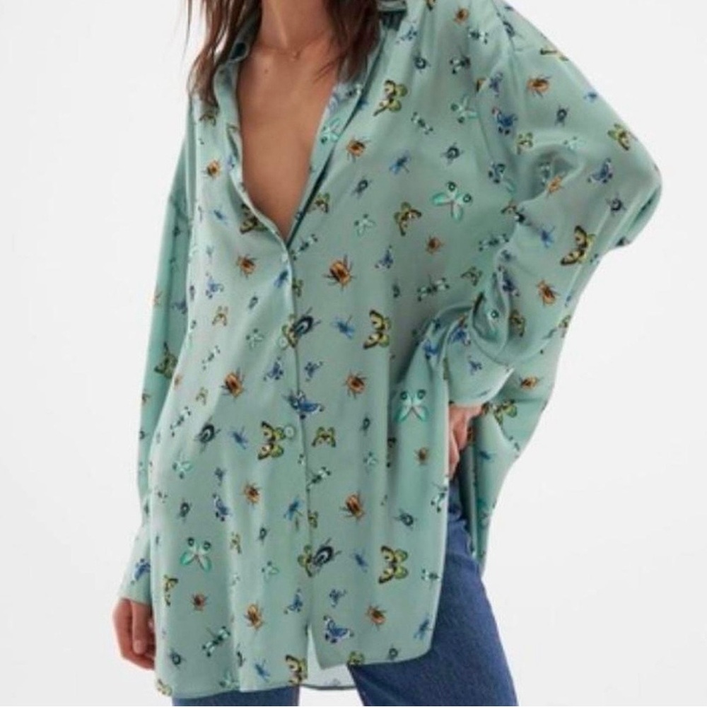 Zara Green Butterfly Button Down Long Sleeve Blouse